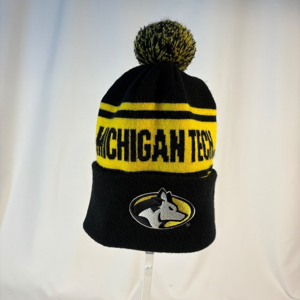 Michigan Tech Beanie Hat Unisex OSFM Black Yellow Huskies Pom Knit Cuffed Cap